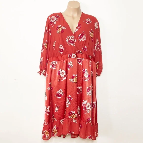 Torrid Burnt Orange Puff Balloon Sleeve Floral Dress Plus Size 30 - Picture 1 of 15